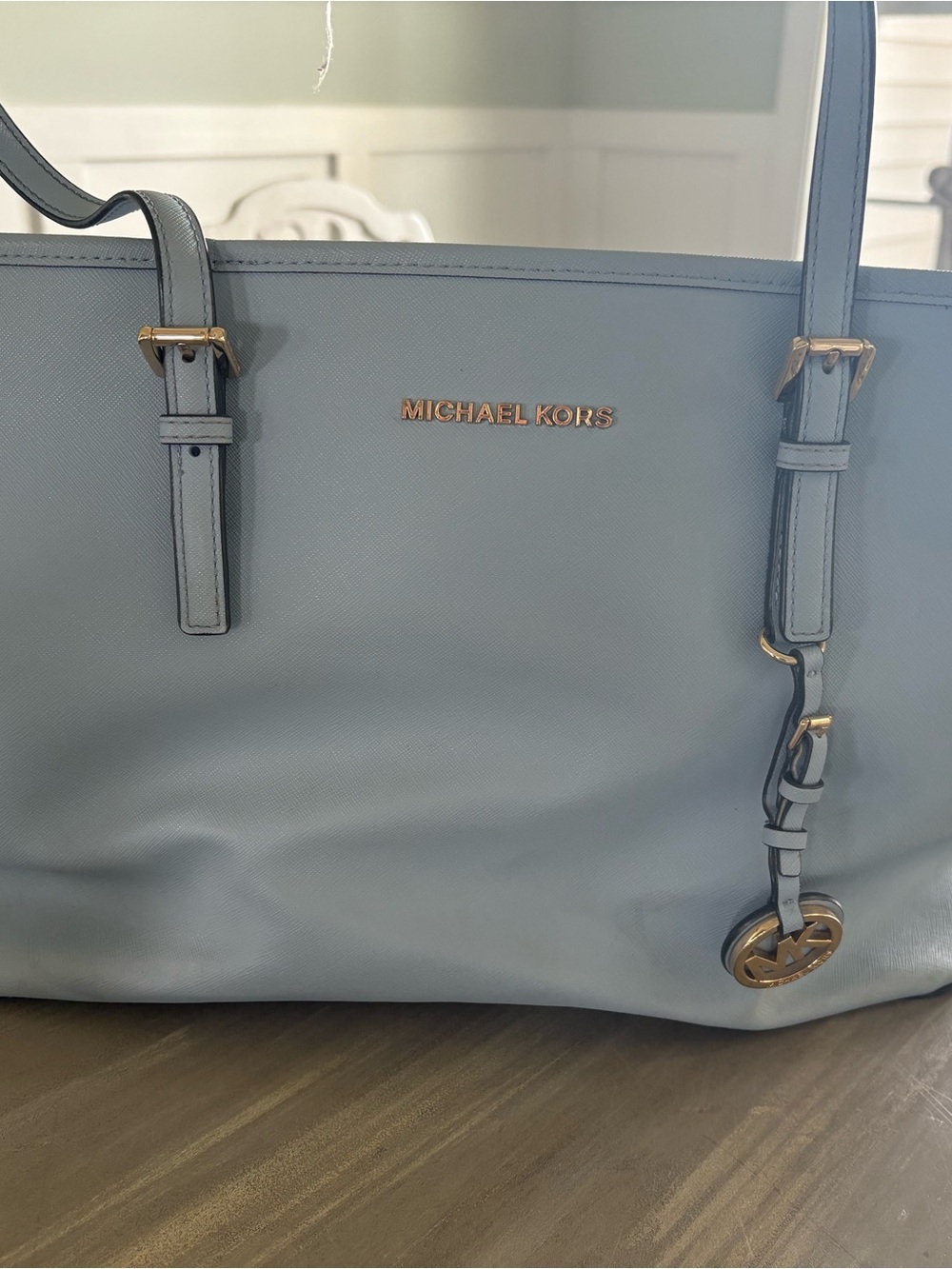 Michael Kors Powder Blue Saffiano Leather Tote with Gold Hardware